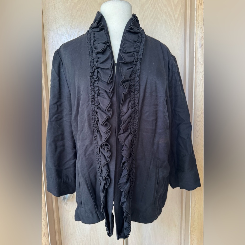 Chicos Ruffle Open Front Cardigan Size XL Black 3/4 Long Sleeve Cotton Cashmere